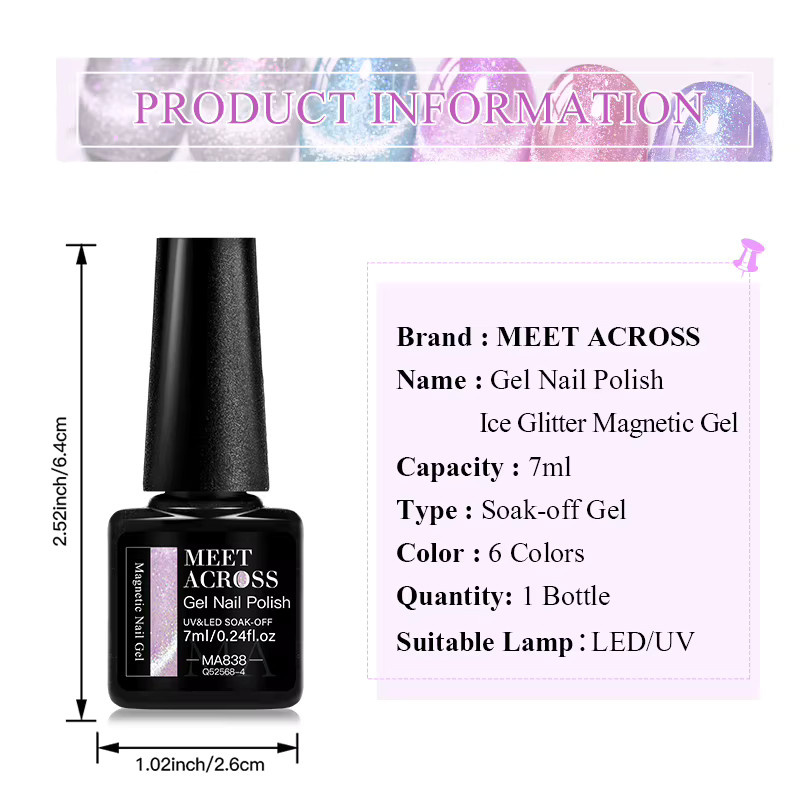 MEET ACROSS Ice Glitter Magnetic Gel Nail Polish, Pink Purple, 7 ml - Bild 3