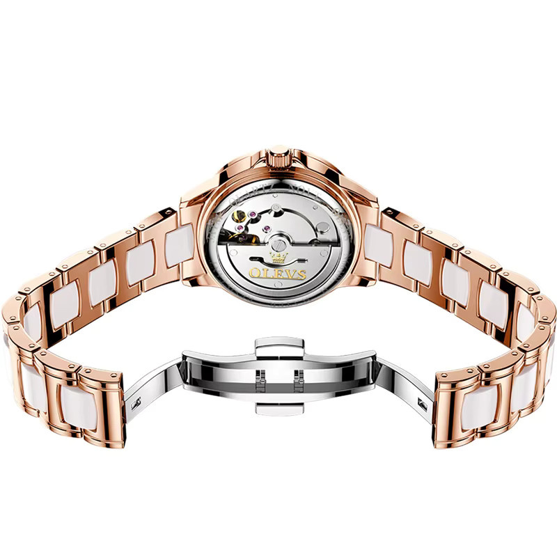 OLEVS Armbanduhr Automatik, Edelstahl, Diamantbesetzt, Damen, wine red - Bild 5