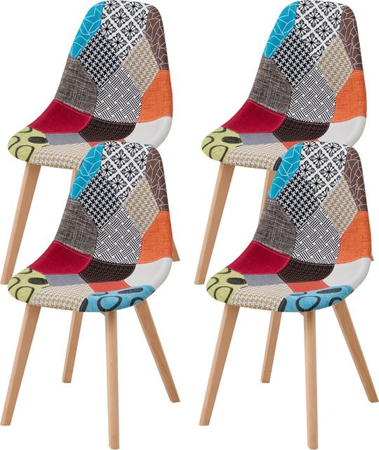 EGOONM 4er-Set Esszimmerstühle im nordischen Mittelalter-Stil mit Buchenholzbeinen und Patchwork-Stoff in Blau/Multicolor - Bild 1
