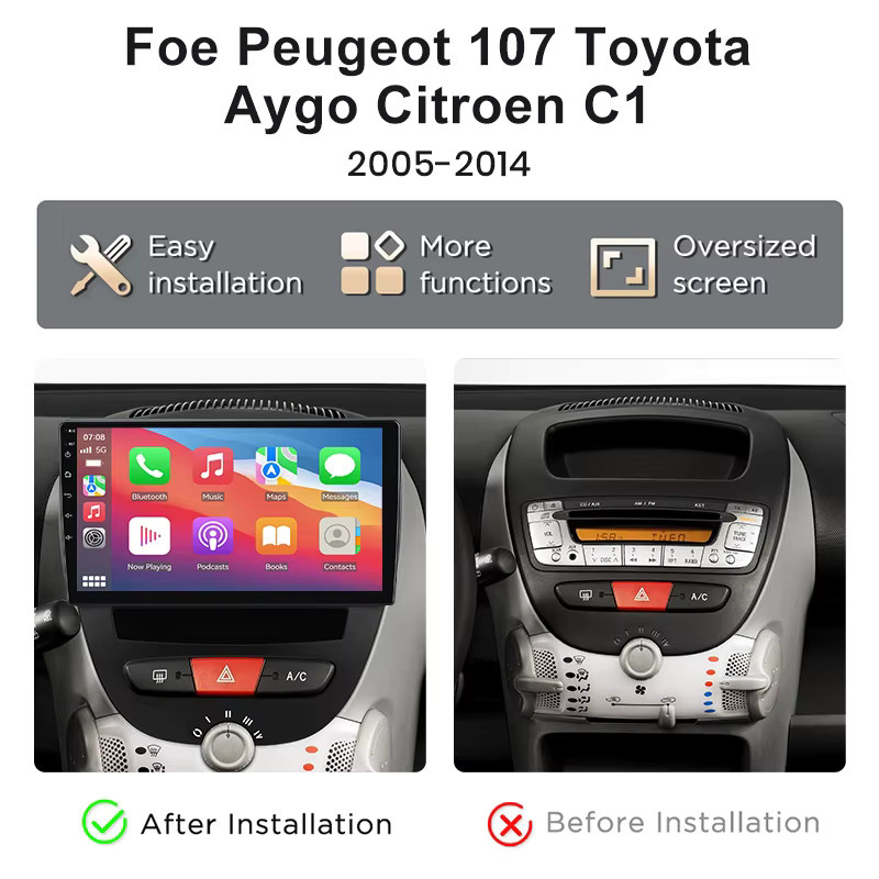 Litillbuly Autoradio mit CarPlay und Android Auto für Peugeot 107, Toyota Aygo und Citroen (2005-2014), IPS-Touchscreen, GPS-Navigation, WiFi, DAB+, Bluetooth und DSP, Schwarz - Bild 2