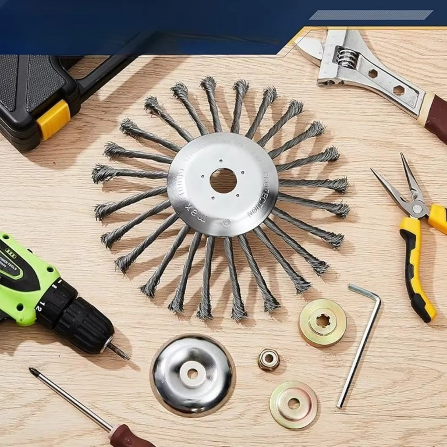 Unkrautbürstenkopf aus Stahldraht mit Adapter-Set für Rasenmäher, Silber - Bild 3