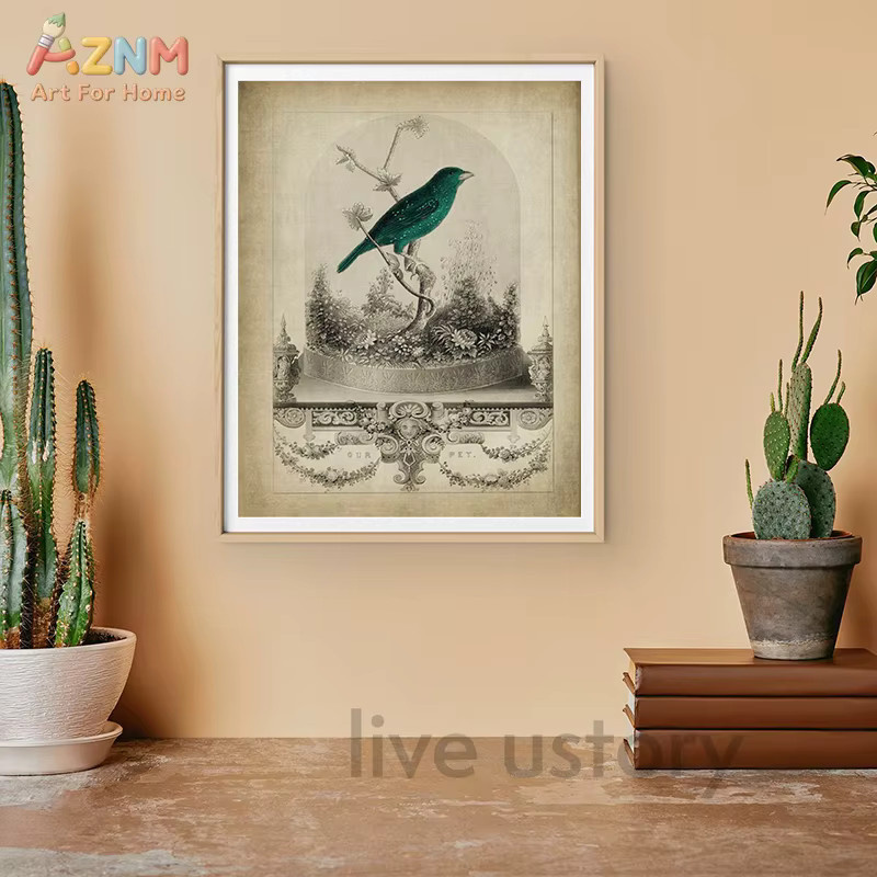 AZNM Vintage Wandkunst Leinwand mit grüner Vogel-Botanik-Illustration im Retro-Antik-Gravurstil - Bild 3