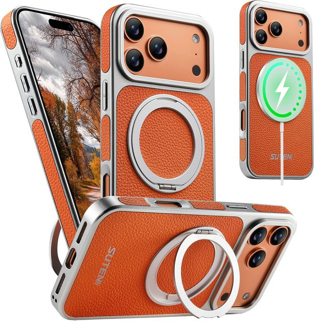 Xeber Magnetischer Ringständer mit Litschi-Textur für MagSafe iPhone Hüllen in Braun und Orange - Bild 1