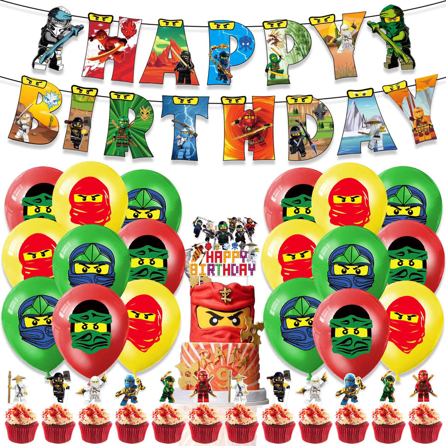 Hasbro Ninjago Geburtstagsparty Dekorations-Set, Tischgeschirr, Teller, Luftballons, Becher, Servietten, Hintergrund-Banner, Tortendekoration, Party-Zubehör - Bild 2