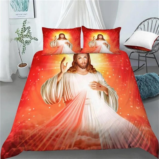 JMG Household Supplies 3-teiliges Bettwäsche-Set mit 3D-Jesus-Motiv und Kreuz-Design, Farbe Rot, Material Polyester, B/H: 150 x 200 cm - Bild 1