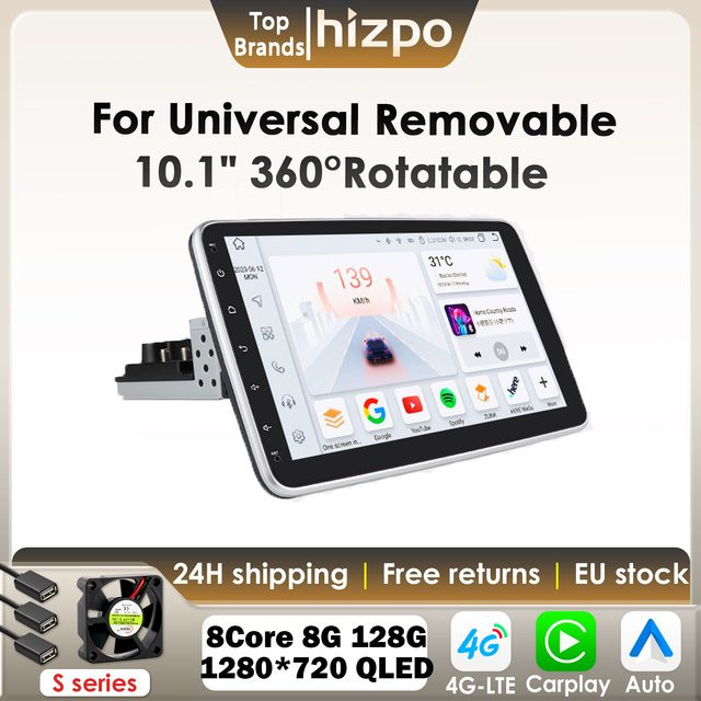 Hizpo Android Autoradio mit 10,1 Zoll drehbarem Touchscreen, Carplay, GPS, 4G, WIFI und Bluetooth in Schwarz - Bild 1