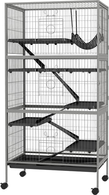 Pawhut Nagetierkäfig von Aosom mit 4 Ebenen, 3 Rampen und 4 Türen aus Stahl in Grau-Silber-Schwarz, H x B x T: 159 x 52 x 80 cm - Bild 1