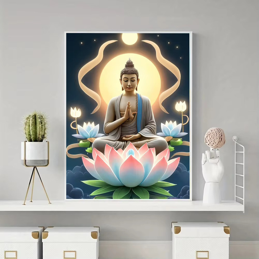 HUACAN Diamantmalerei Set Buddha mit meditativer Lotusblüte, 5D DIY Kunst Strass Stickerei Kit, Multicolour, B: 30,0 cm, H: 20,0 cm - Bild 4