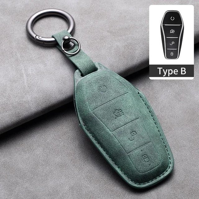 Leder Autoschlüssel Hülle Abdeckung und Schlüsselanhänger für BYD Modelle Song Plus, Atto 3, Han EV, Tang DM, Qin Seal und Dolphin in Grau oder Grün - Bild 1