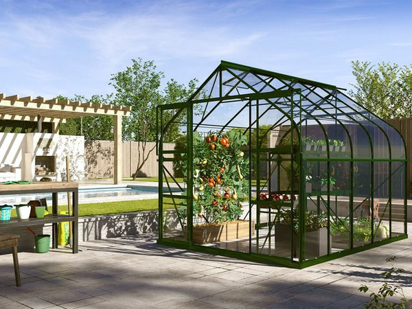 VITAVIA Dione-Set Gewächshaus in Smaragd mit Doppelschiebetür und Sicherheitsglas, Fläche: 8,3 m²