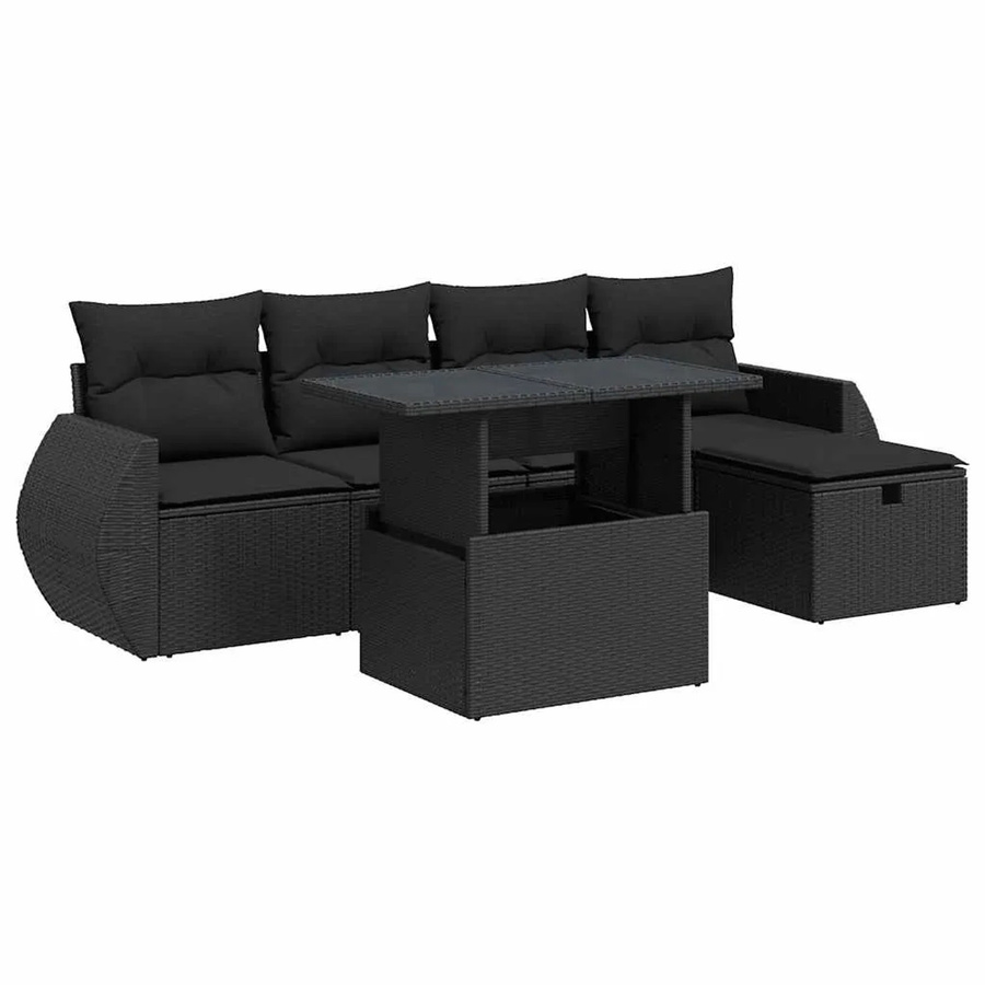 vidaXL 6-teilige Garten-Sofagarnitur aus Poly-Rattan mit Kissen in Schwarz - Bild 2