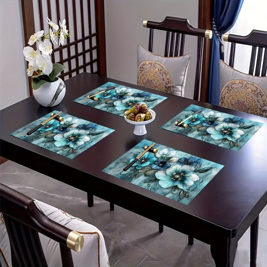 VIKAMA Tischsets mit türkisfarbener Blumenstickerei, 4er-Set - Bild 5