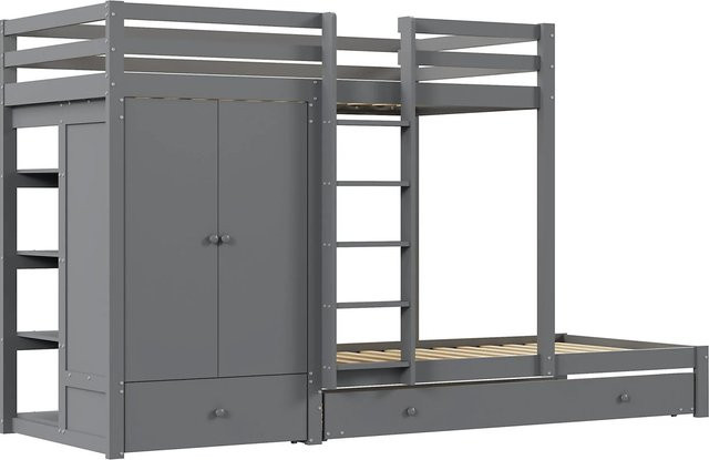 Merax Etagenbett mit Ausziehbett und Schubladen aus Massivholz und MDF, Grau/Weiß, B/T/H: 90 x 200 x 170 cm - Bild 1