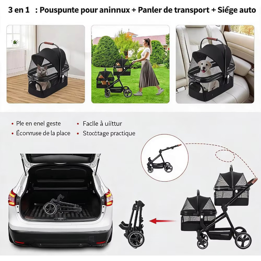 Garvee Doppeldecker-Haustierwagen aus Aluminiumlegierung in Schwarz, faltbarer Reisebuggy für zwei kleine Hunde oder Katzen mit abnehmbarem atmungsaktivem Netzträger - Bild 4