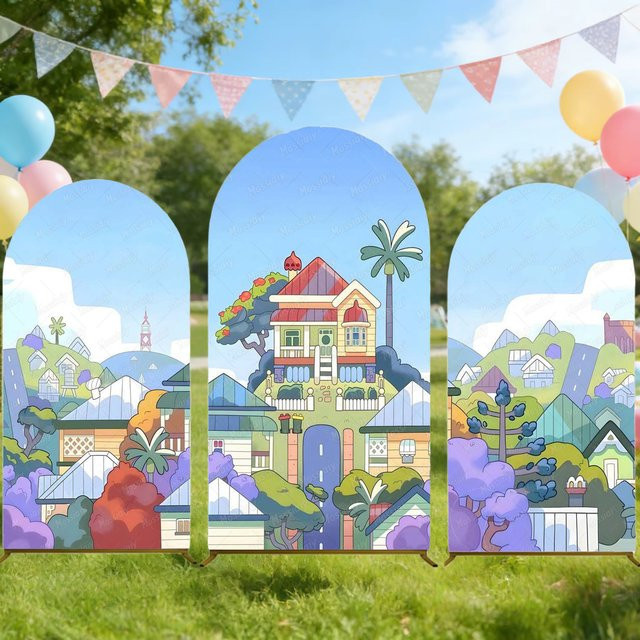 Mossiaiy Blauer Haus-Bogen-Hintergrund für Kindergeburtstage und Babypartys, Doppelseitige Bogen-Abdeckung in Blau und Multicolour, B/H: 120 x 50 cm - Bild 1