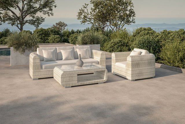 OUTFLEXX Gartenlounge für 4 Personen in Beige mit L-Form, Polster-Set und Tisch, wetterfestes Polyrattan und Aluminiumgestell - Bild 1