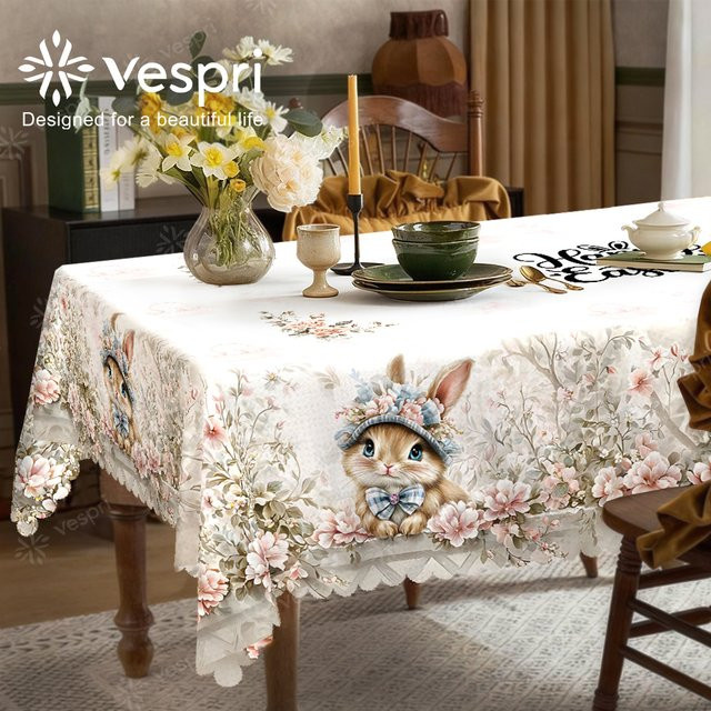 Vespri Oster-Tischdecke aus Polyester mit Hasen und Blumen in Weiß und Rosa - Bild 1