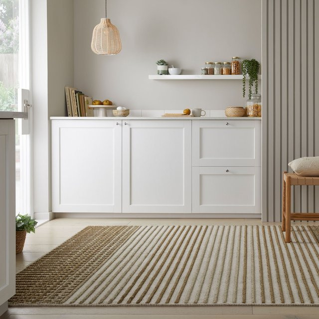 Waschbarer Teppich Kadima Design in Grün und Beige mit Streifenmuster, B/B: 120 x 160 cm - Bild 1
