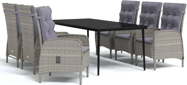 vidaXL 7-teilige Garten-Essgruppe aus PE-Rattan und pulverbeschichtetem Stahl mit Glasplatte und Kissen in Grau und Schwarz - Bild 1