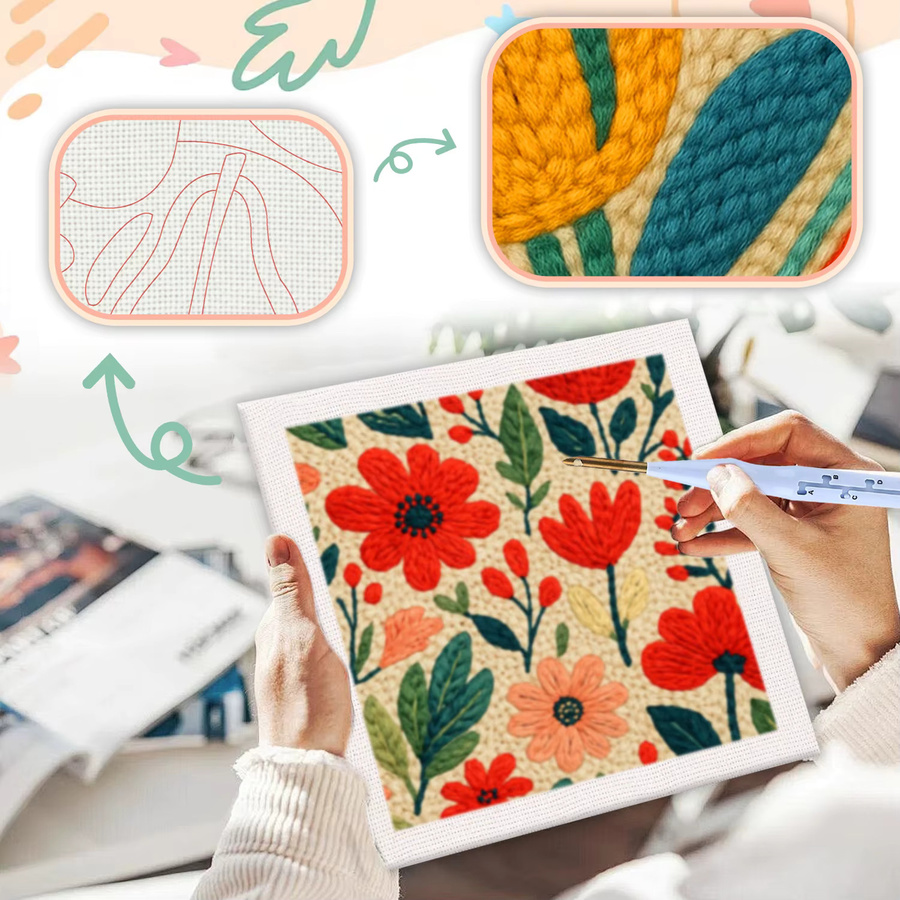 RUOPOTY Blumen-Stanznadel-Stickset für Anfänger mit Mustern, Garn und Stoff als DIY-Bastelset für Erwachsene und Kinder - Bild 1