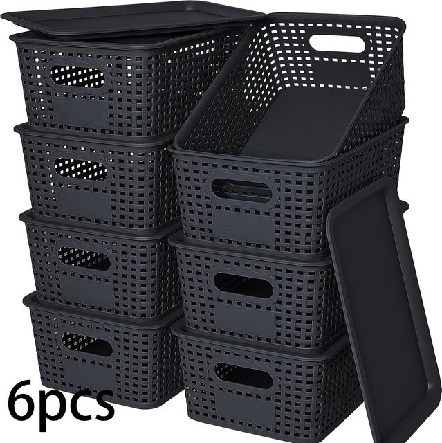 6er Set stapelbare Aufbewahrungsboxen mit Deckel aus Kunststoff in Schwarz, B/T/H: 25,9 x 10,0 x 7,2 cm - Bild 1
