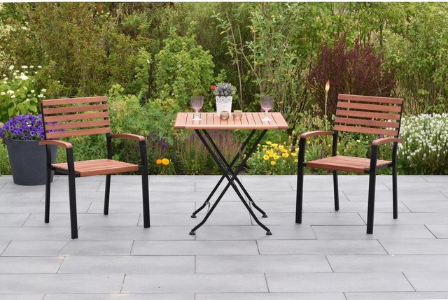 Merxx Schlossgarten Gartenmöbel-Set 3-teilig aus Eukalyptus und Flachstahl in Schwarz und Braun, bestehend aus 2 Stapelsesseln und einem Klapptisch mit B/B/H: 75 x 75 x 86,5 cm - Bild 1