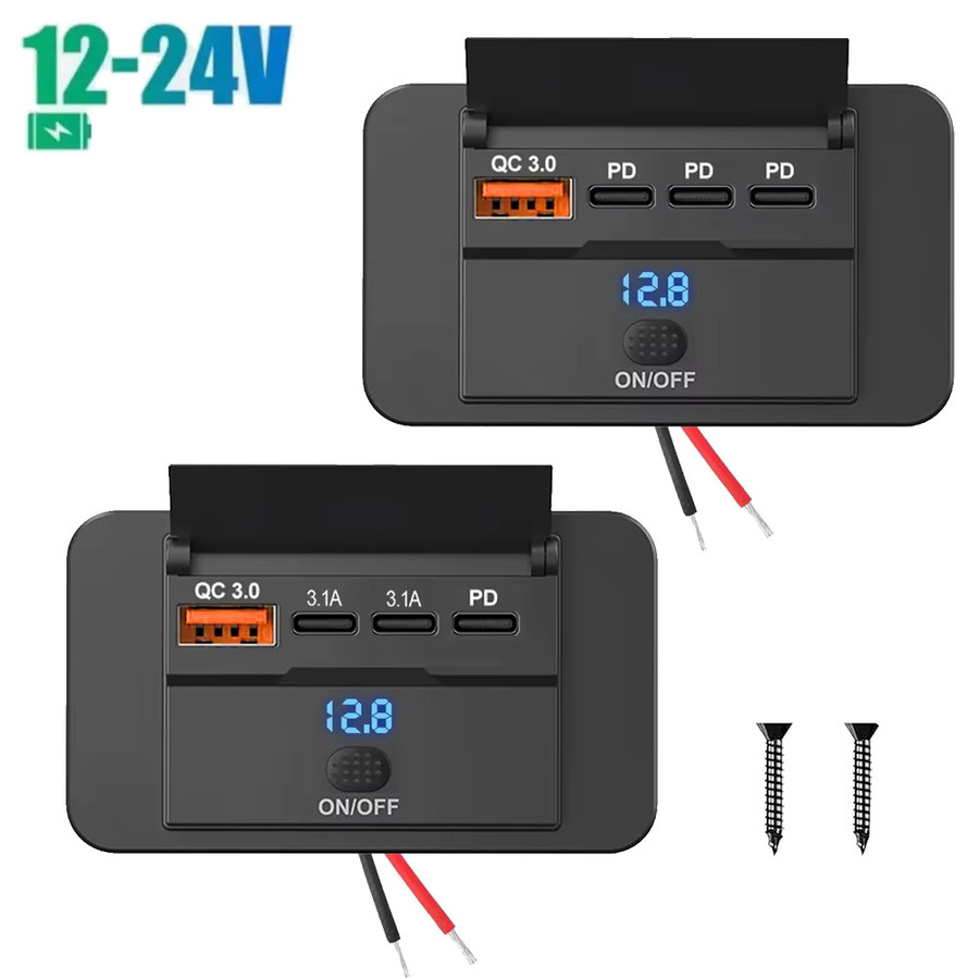 Kankeirr Autoladegerät mit 4 Ports und Schalter, 12V 24V PD QC3.0 Schnelllade-Adapter in Schwarz für Bus, LKW, Boot und Wohnmobil - Bild 2