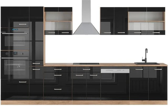 Vicco R-Line Küchenzeile Schwarz Hochglanz mit Hochschrank Eiche B/T/H: 350 x 60 x 207 cm - Bild 1