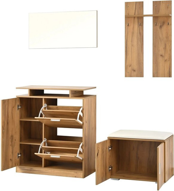 okwish Garderobenset mit Spiegel, Schuhbank und Haken für den Flur, Farbe: Natur/Braun, B/T/H: 140 x 35 x 133 cm - Bild 1
