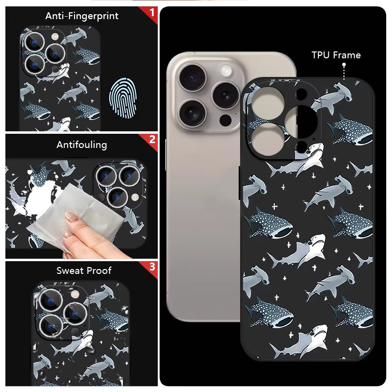 Stoßfeste TPU-Telefonhülle von MOESOE mit Walhai und Delphin Motiv für iPhone 16 15 14 13 12 Pro Max in Grau oder Schwarz - Bild 5