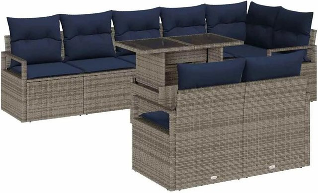 vidaXL Garten-Sofa-Set 9-teilig aus Poly-Rattan in Grau und Marineblau - Bild 1