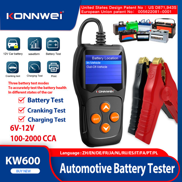 KONNWEI KW600 Autobatterietester in Schwarz für 6V-12V Echtzeit-Batteriezustandsdiagnose und schnelle Start- sowie Ladeanalyse - Bild 1