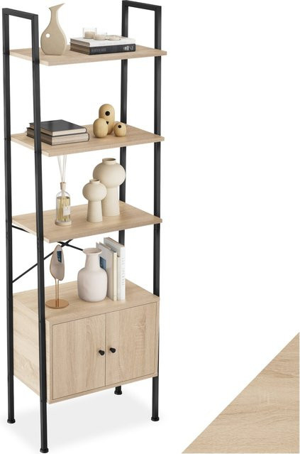tectake Leiterregal Brentwood Industrial Style aus Holz und Stahl mit 4 Ebenen und 2 Schrankfächern, Farbe Eiche Sonoma, B/T/H: 57,5 x 34 x 173 cm - Bild 1