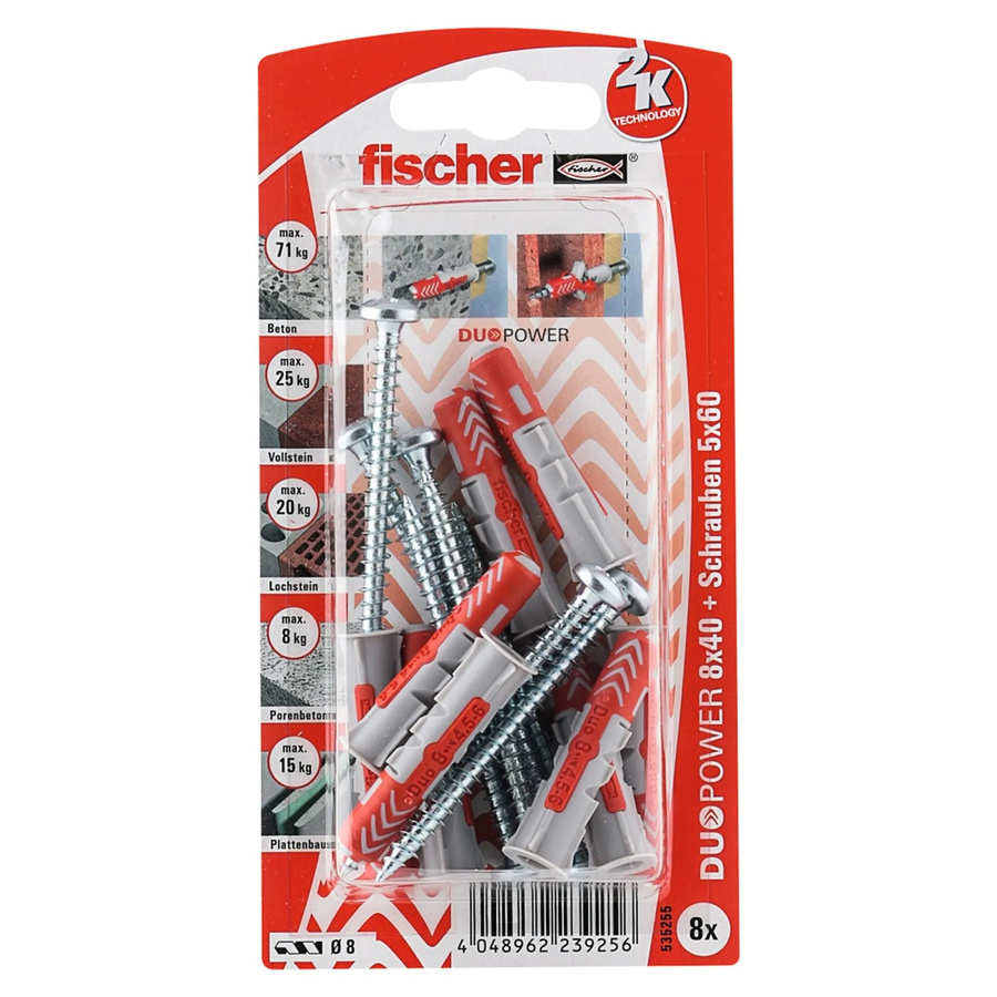 Fischer DuoPower Dübel Ø 8 mm x 40 mm aus Nylon in Grau und Rot, 8 Stück mit Panhead-Schraube - Bild 2
