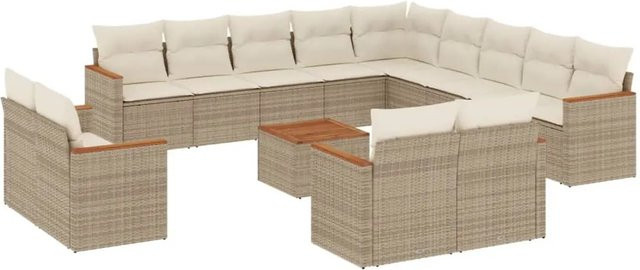 vidaXL 14-teilige Garten-Sofagarnitur in L-Form aus Poly-Rattan und Akazienholz mit beigen Kissen in Cremeweiß - Bild 1