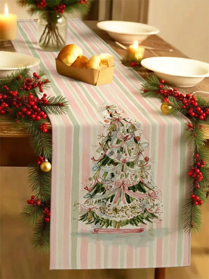 JIT Tischläufer Weihnachten gestreift in Rosa und Grün mit Weihnachtsbaum-Motiv, rechteckig, B/H: 45 x 30 cm - Bild 2