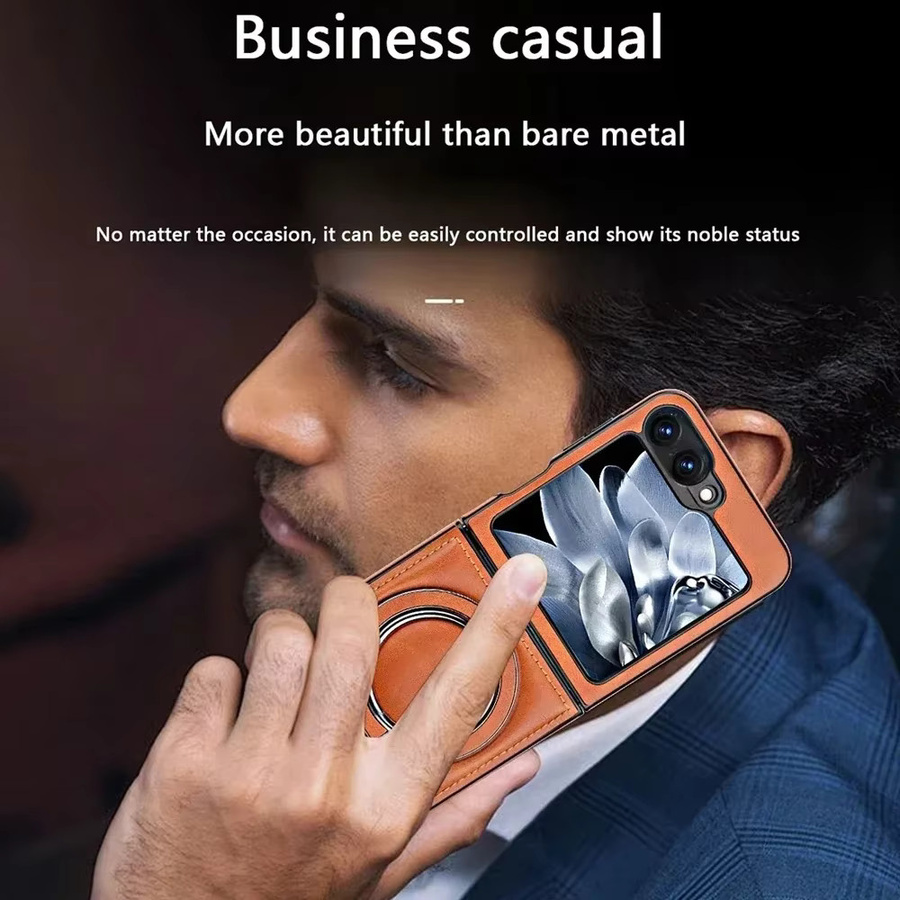 Premium Leder Handyhülle mit magnetischer Falte und Metallringhalterung für Samsung Galaxy Z Flip 7, FE, 6, 5, 4, 3 in Blau - Bild 5