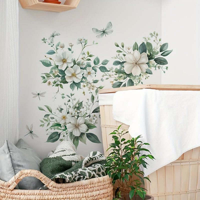 XYKK01 Selbstklebende Wandsticker mit weißen Blumen und Schmetterlingen aus PVC für Schlafzimmer und Wohnzimmer - Bild 2
