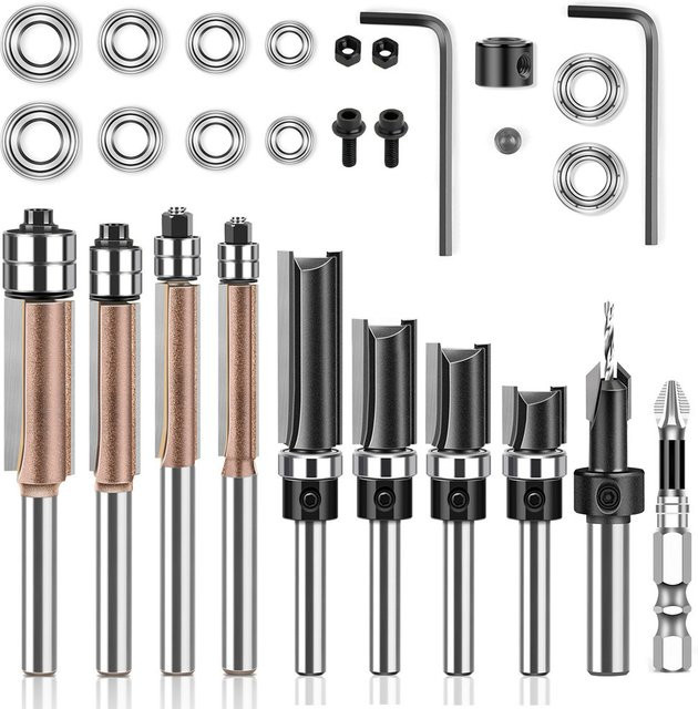 YERSOXN 30-teiliges Schaftfräser-Set mit 6mm 1/4-Zoll Schaft, Nutfräser und Fräsköpfe in Silber für die Holzbearbeitung - Bild 1