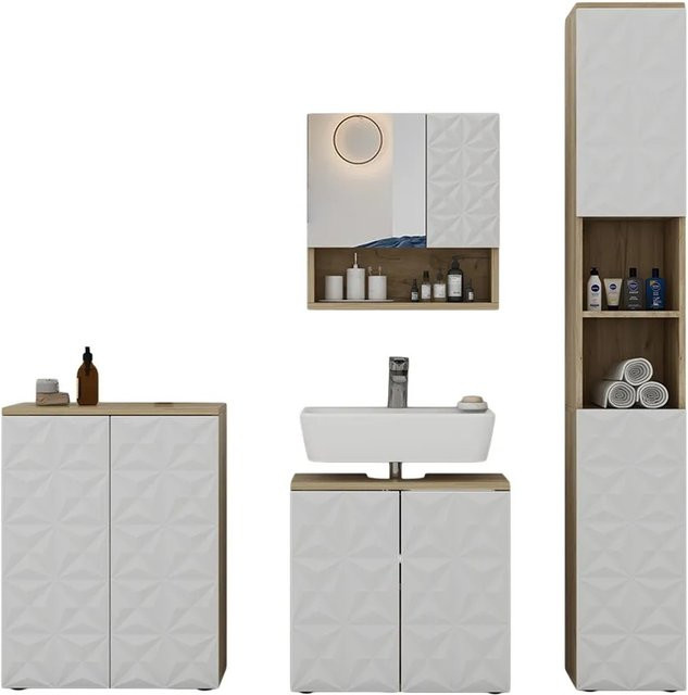 Vicco Badmöbel-Set Edge in Weiß und Eiche bestehend aus 4 Teilen inklusive Spiegelschrank, Hochschrank, Waschbeckenunterschrank und Badezimmerkommode - Bild 2