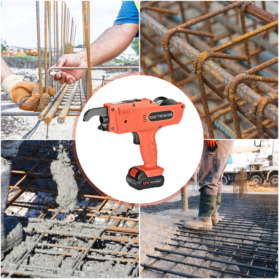 Automatische Bewehrungsbindemaschine mit 5 Spulen, Elektrische Handgehaltene Drahtzange in Orange, 12V 4500mAh Werkzeugset für 8mm-34mm - Bild 6