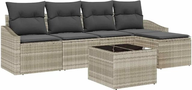 vidaXL Garten-Sofa-Set 6-teilig aus Poly-Rattan in Hellgrau mit Polstern und Tisch - Bild 1