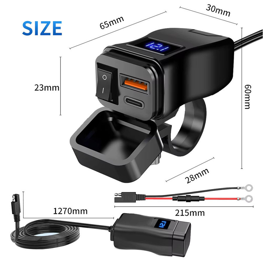 Wasserdichtes Motorrad USB Ladegerät für Lenker mit PD und QC3.0 Dual USB Buchsen, 60 W, 12 V Netzteil Adapter mit Schalter und Voltmeter, Schwarz - Bild 5