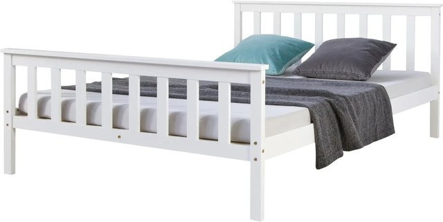 Homestyle4u Doppelbett aus Kiefernholz in Weiß, B/T/H: 146 x 140-160 x 206 cm - Bild 1