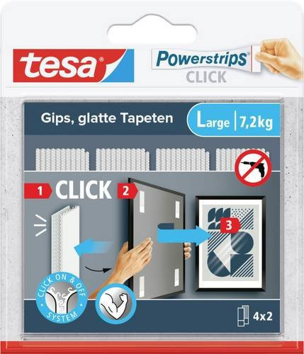 Tesa Powerstrips CLICK Large selbstklebende Doppelstreifen in Weiß, 4 x 2 Stück, für flache Wanddeko, Belastbarkeit bis 7,2 kg, Breite: 20 mm, Länge: 85 mm - Bild 1