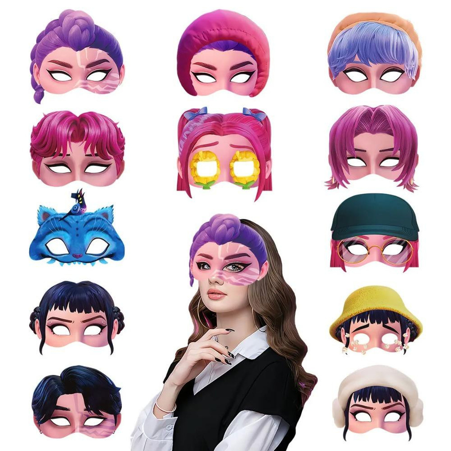 12 Stück Kpop Dämonenjäger Masken für Cosplay und Geburtstagspartys in Weiß und Multicolour - Bild 2