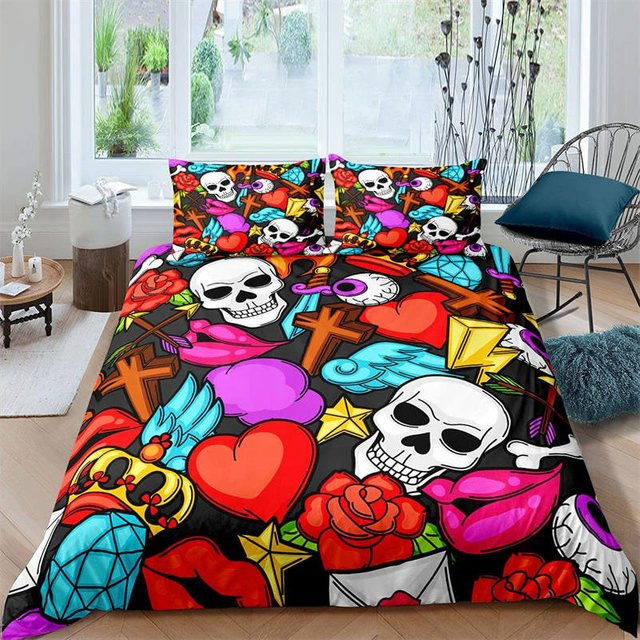 Binchi Outdoor Product Bettwäsche-Set Zuckerschädel Gothic Skelett mit floralem Design, 3-teilig, B/H: 155 x 215 cm, Mehrfarbig - Bild 1