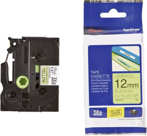 Brother Schriftbandkassette TZe-C31, selbstklebend, Breite: 12 mm, Länge: 5 m, Farbe: Signal-Gelb, Schriftfarbe: Schwarz - Bild 1