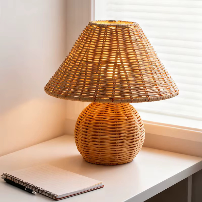 LINCCW Bambus Tischlampe Retro mit USB-Anschluss in Braun für Wohnzimmer und Leseecken - Bild 3