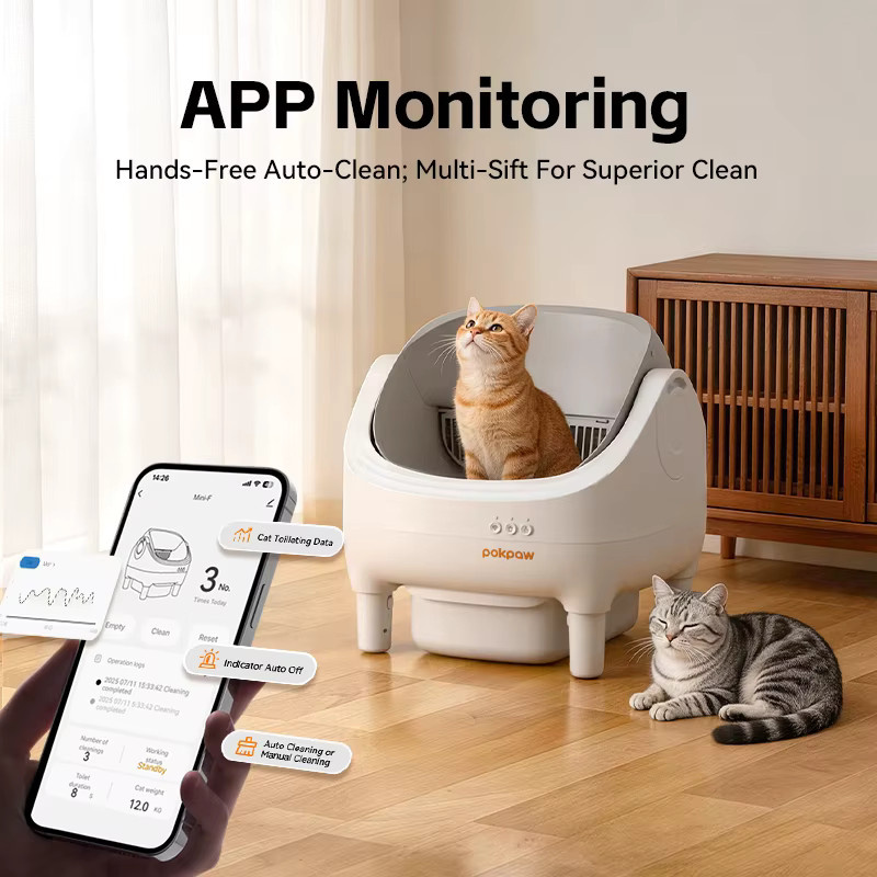 Pokpaw CL16 Intelligente Selbstreinigende Katzentoilette mit App-Steuerung, Automatische Katzenstreubox, 76l, Weiß, Halbgeschlossen - Bild 3